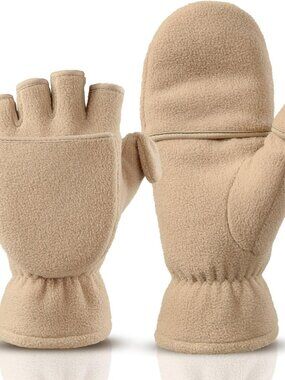 ⚡Women Beige Winter Fingerless Convertible Thermal Polar Fleece Mittens Gloves